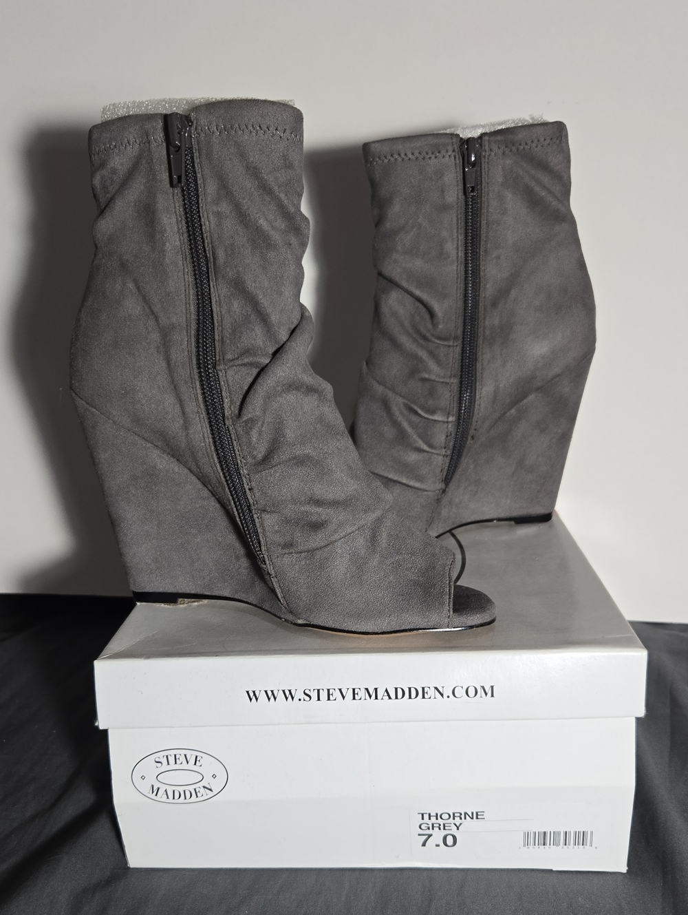 Steve Madden Grey Suede Peep-Toe Wedge Booties